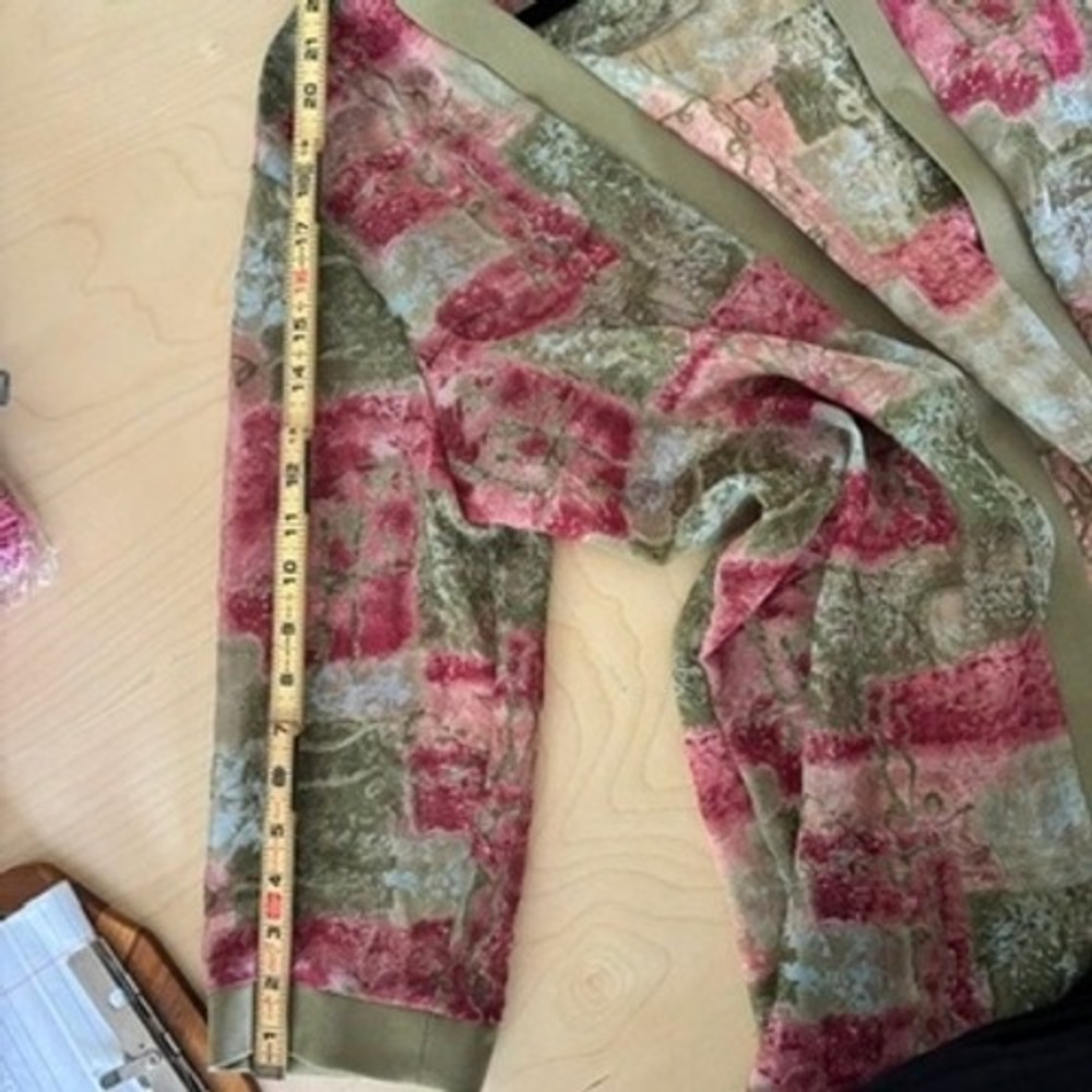 Miss Derby‎ Open Front Cardigan Women Sz L Pink Green Abstract Sheer Layering - Picture 7 of 8